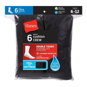 Hanes Double Tough Men's Cushion Crew Socks, Shoe Sizes 6-12, 6-Pairs