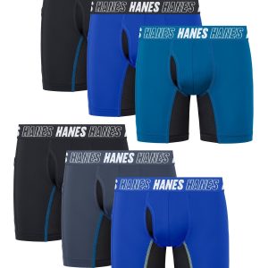 Hanes Moves Boys' Anti-Chafe Long Leg Boxer Brief Underwear, Assorted, 6-Pack
