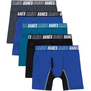 Hanes Moves Boys' Anti-Chafe Long Leg Boxer Brief Underwear, Black/Grey/Blue/Ocean, 5-Pack