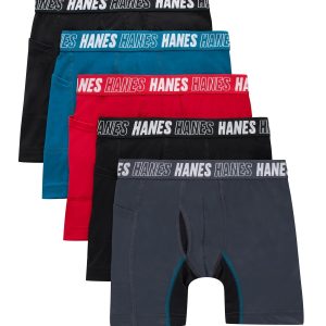 Hanes Moves Boys' Anti-Chafe Long Leg Boxer Brief Underwear, Black/Grey/Red/Ocean, 5-Pack