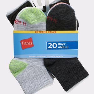 Hanes Boys' Ankle Socks, Super Value Pack, 20-Pairs