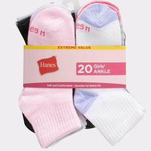 Hanes Girls' Ankle Socks, Super Value Pack, 20-Pairs