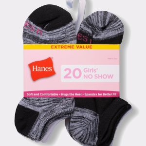 Hanes Girls' No Show Socks, Super Value Pack, 20-Pairs