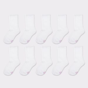 Hanes Girls' Uniform Crew Socks, White, 10-Pairs