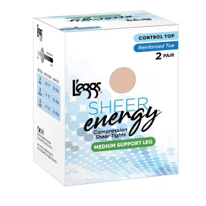 L'eggs Sheer Energy Medium Support Compression Tights, Reinforced Toe, 2-Pairs