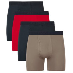 Hanes Ultimate Comfort Sport Men's Performance Stretch Boxer Brief Underwear, Black/Red/Sandalwood, 4-Pack
