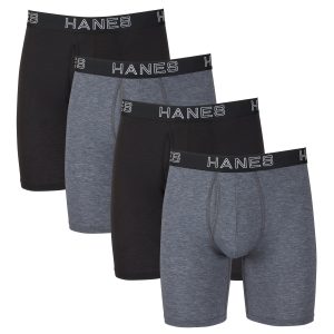 Hanes Ultimate Comfort Flex Fit Total Support Pouch Men's Long Leg Boxer Brief Underwear, Black/Grey, 4-Pack