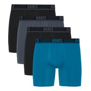 Hanes Moves Ultimate Men’s Anti-Chafe Boxer Brief Underwear, X-Temp, Black/Grey/Ocean Blue, 4-Pack, 6"