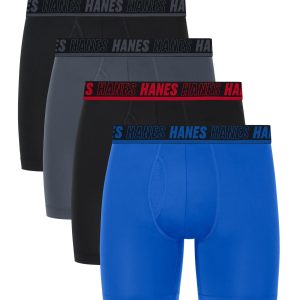 Hanes Moves Ultimate Men's Anti-Chafe Boxer Brief Underwear, Total Support Pouch, X-Temp, Black/Grey/Blue, 4-Pack, 6"