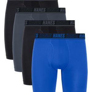 Hanes Moves Ultimate Men’s Anti-Chafe Long Leg Boxer Brief Underwear, Total Support Pouch, X-Temp, Black/Grey/Blue, 4-Pack, 8”