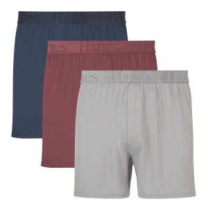 Hanes Originals Ultimate Men's SuperSoft Knit Boxer Underwear, Blue/Grey/Red, 3-Pack
