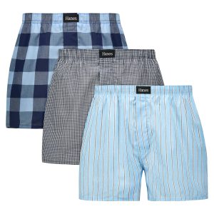 Hanes Originals Ultimate Men's Cotton Stretch Woven Boxer Underwear, Blue Plaids/Prints, 3-Pack